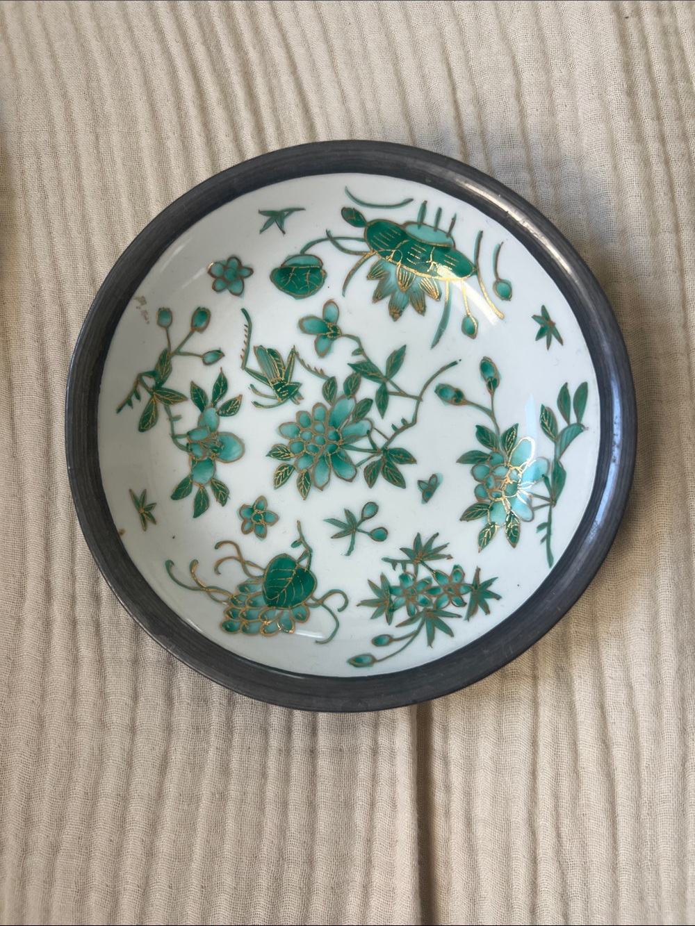 TFF Japanese White Green Gold Porcelain Ware Brass Rim Bowl